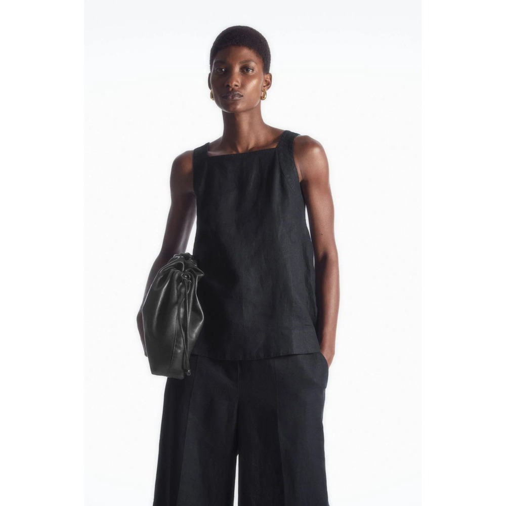 COS Black 100% Linen Square Neck Back Tie Tank Top Sleeveless Blouse artsy apron